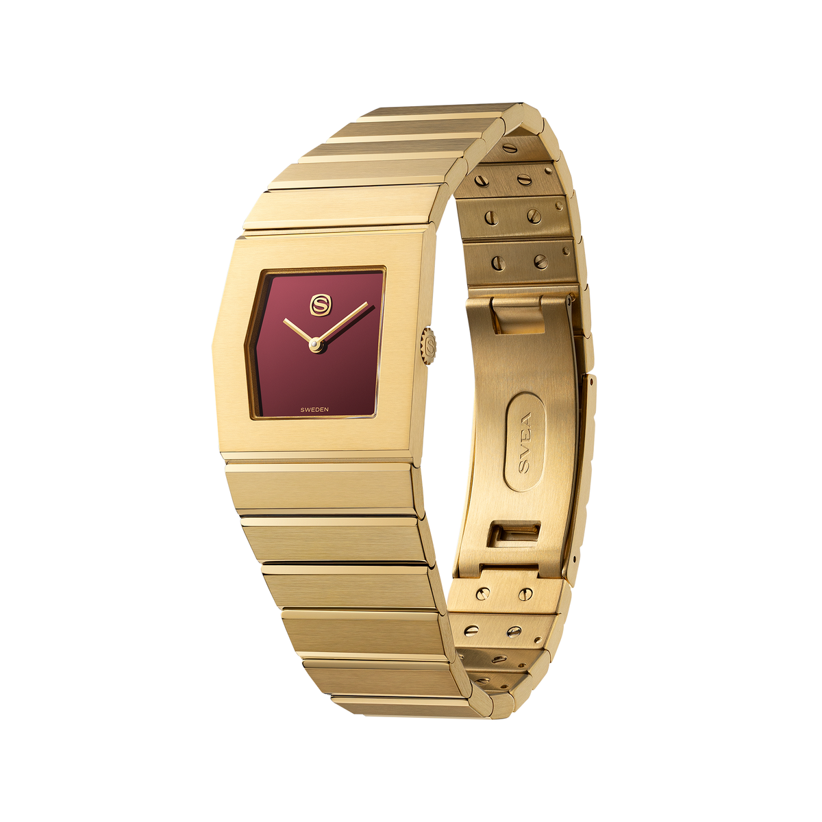 Svea Atelier Monolith Oxblood: angled view showing the slim case and bracelet